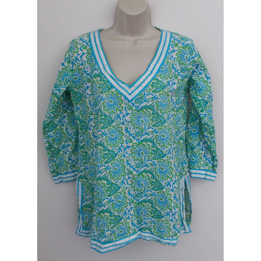 Gretchen Scott Top Medium Blue Green Floral Paisley Cotton V-Neck Pullover
